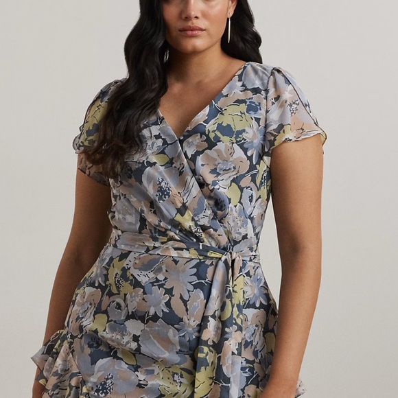 RALPH LAUREN 2025 Blue Floral Ruffle-trim Georgette Gown 16W - Picture 3 of 6